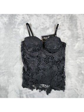 Say What Crochet Bustier Top Small Black Underwire Padded Zip Goth Biker Sexy